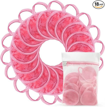 Nugilla 18 Packs Reusable Makeup Remover Pads with a Washable Laundry Bag, Resuable Microfiber Round Towel Skin Face Towels, Soft Makeup Remover Cloth, Fast Drying Washcloth (Pink)