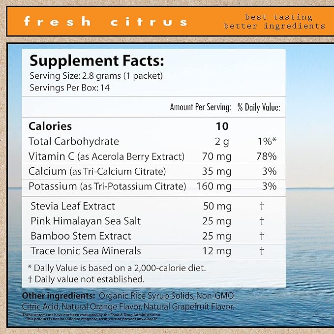 Superieur Electrolyte Powder Packets - Vegan Electrolyte Hydration Powder w/Sea Minerals - Keto Friendly, Non-GMO, Zero Sugar Electrolyte Supplement - Healthy Sports Drink - Citrus (14 Packets)