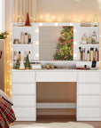 VASAGLE Kailyn Collection - Vanity Desk with Mirror and 9 LED Bulbs, Vanity Makeup Table with Power Outlets, Dressing Table with 9 Drawers, for Bedroom, Cloud White URDT141WB01S