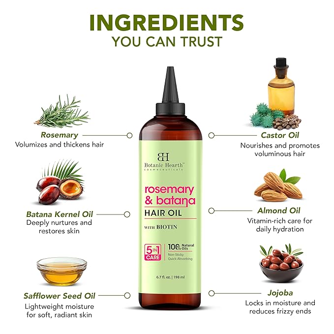 Botanic Hearth 100% Pure Rosemary Batana Oil For Hair Growth | Infused with Biotin, Jojoba & Castor Oil | Hair Oil Repairs Dry Damaged Hair, Strengthening, Healthier - Hair Tonic, 6.7 fl oz