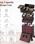 Profesional Rolling Makeup Train Case with Lid, 5 in 1 Cosmetology Case on Wheels, Large Cosmetic Trolley Organizer Travel for Hairstylist Artist Nail Beauty Salon Barber, Red