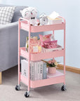 TOOLF 3-Tier Metal Rolling Cart with Wheels, Storage Utility Organizer Cart for Kitchen, Bathroom, Office, Baby Essentials & Makeup - Lockable Casters, Easy Assembly, Large Capacity, Pink