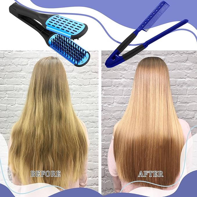 CHENGU 2 Pcs Straightening Comb For Hair, Boar Bristles Clamp Double Sided Brush Hair Straightening Brushes Comb Flat Iron Styling for Knotty Unkempt(Blue, Black)