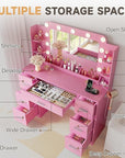 YESHOMY Vanity Desk with Large Lighted Mirror, Power Outlet and 11 Lights, Makeup Table with 7 Drawers and 3 Desktup Storage Units, 3 Color Modes Available for Bedroom, Pink