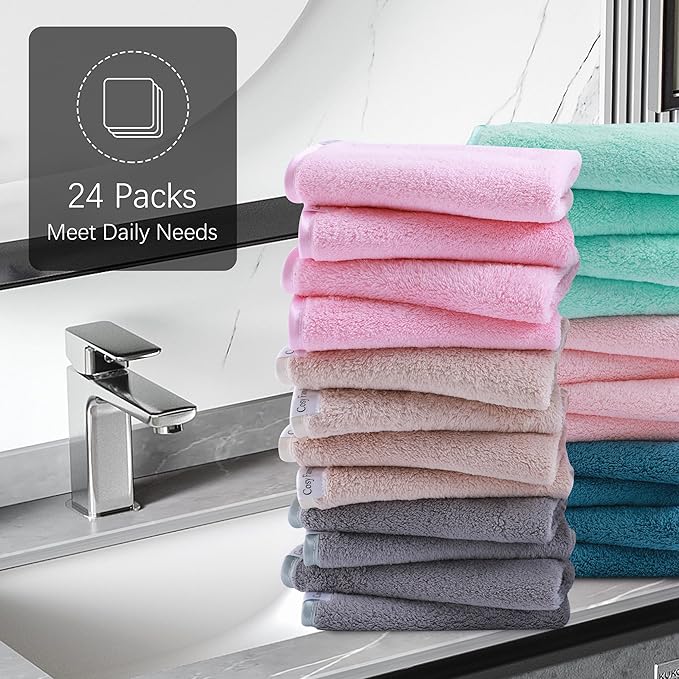 Cosy Family 24 Pack Soft Washcloths Set - 12 x 12 inches, Quick Drying - Highly Absorbent Coral Velvet Fingertip Towel Bathroom Wash Clothes for Bath, Spa, Facial, Kitchen - Light Color