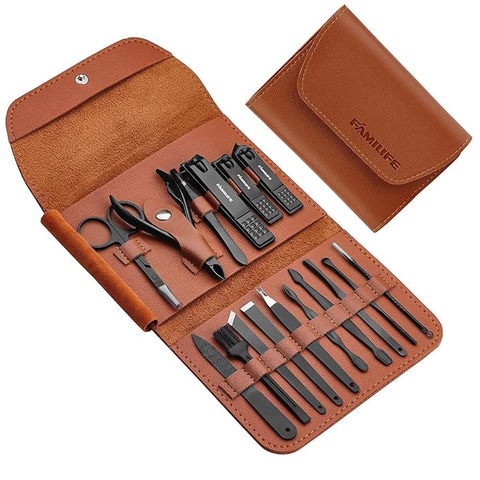 FAMILIFE Gifts for Men, Manicure Set Clippers Manicure Kit Nail Clipper Sets 16pcs Mens Grooming Kits Professional Stainless Steel Nail Kit Brown Leather Case Travel Kits