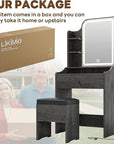LIKIMIO Small Makeup Vanity Desk with Mirror and Lights, Vanity Table Set with Storage Drawer, Chair and Three Shelves, Bedroom, Charcoal Grey