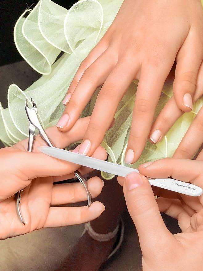 GERMANIKURE 6pc Manicure Set in Beige Leather Case - FINOX Stainless Steel Tools Made in Germany, Glass Nail Care Supplies Made in Czech Republic – Professional Cuticle and Nail Care Kit