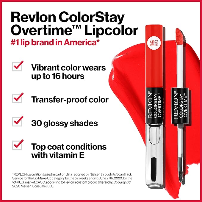 Revlon Liquid Lipstick with Clear Lip Gloss, ColorStay Overtime Lipcolor, Dual Ended with Vitamin E, 480 Unending Red, 0.07 Fl Oz