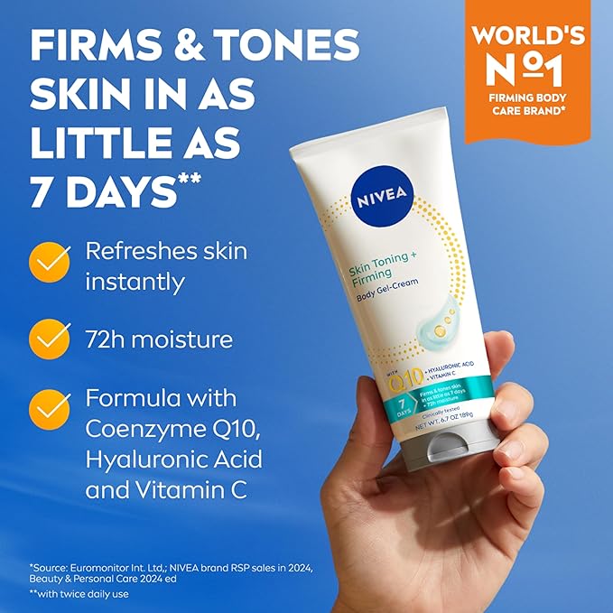 NIVEA Skin Firming & Toning Body Gel Cream with Q10, Hyaluronic Acid and Vitamin C, Clinically Tested Skin Firming & Toning Cream, 72-Hour Moisture, 6.7 Oz Tube