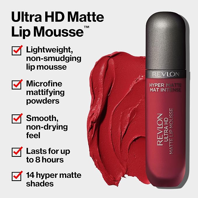 Revlon Ultra HD Lip Mousse Hyper Matte, Longwearing Creamy Liquid Lipstick in Pink, Sunset (810), 0.2 oz