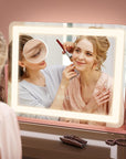 FENNIO Vanity Mirror with Lights 22''x17'' Makeup Mirror,Vanity Mirror Touch Screen with 3-Color Lighting,Dimmable,for Vanity Desk Tabletop（Pink）