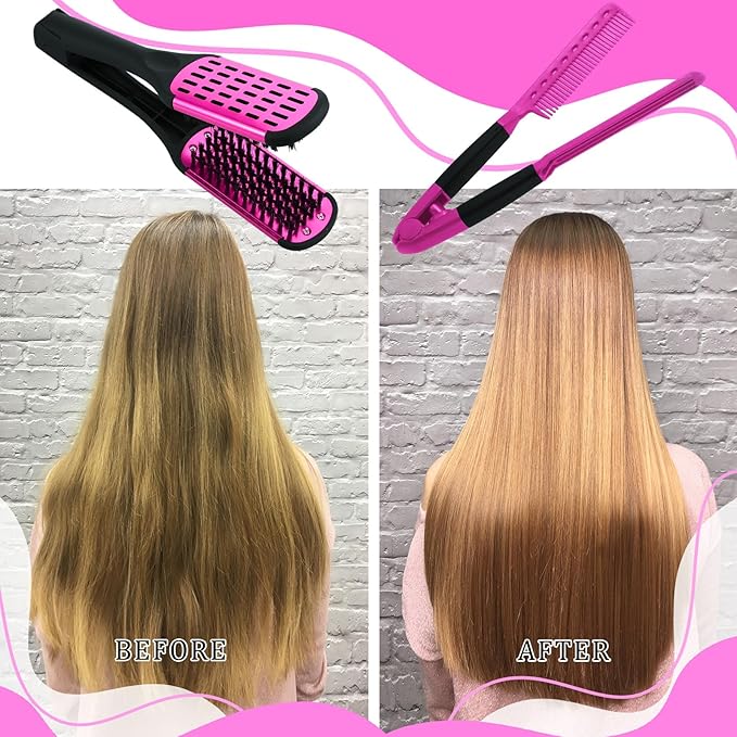 Chengu Hair Brush, Boar Bristles Clamp Double Sided Brush & V Shaped Styling Hair Comb, Straightening Knotty Unkempt Hair (Rose Red, Pink)