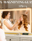 FENNIO Vanity Mirror with Lights 32"x22", Lighted Makeup Mirror, Large Vanity Mirror, Touch Sensor with 3-Color Lighting, 10X Magnification and USB Charging Port for Vanity Desk（Square Gold）