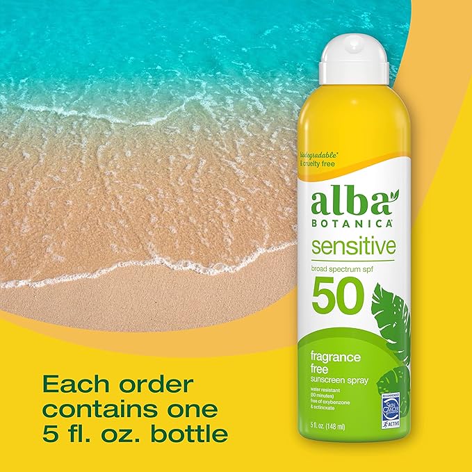 Alba Botanica Sensitive Sunscreen Spray for Face and Body, Fragrance-Free, Broad Spectrum SPF 50, Water Resistant, 5 fl. oz. Bottle (Pack of 2)