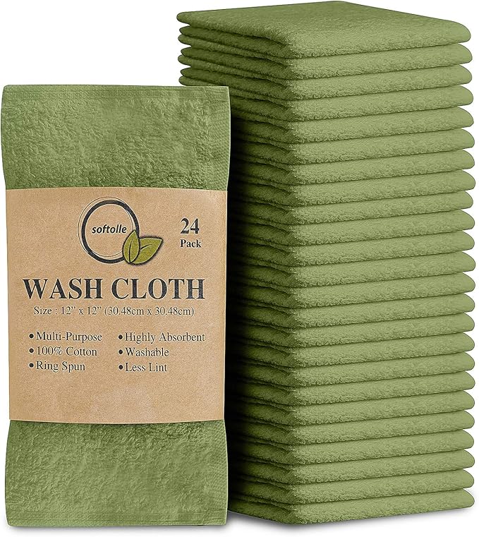 Softolle 100% Cotton Washcloths 24 Pack (12x12 Inches) Soft, Highly Absorbent Washcloth, Face Towels, Wash Cloths for Face, Ring Spun, Bulk Pack (Sage Green)