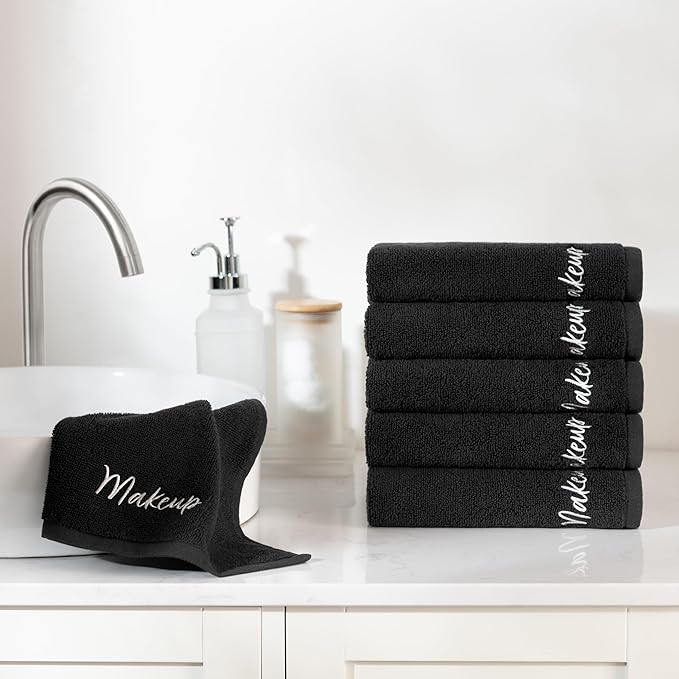 Arkwright Makeup Towels - Pack of 6 - Super Soft 100% Cotton, Gentle & Lightweight Small Fingertip Powder Room Washcloths, Guest Bathroom Essentials for Hosts & Artists, 11 x 17 in, Black