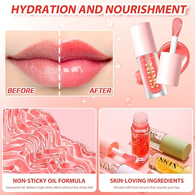 Big Brush Head Lip Glow Oil Plumping Tint, Tinted Lip Balm Transparent Lip Care, Moisturizing Non-sticky Fresh Shiny Texture Lip Oil - Strawberry (Pink)