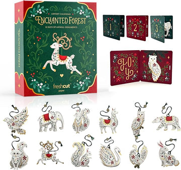 Freshcut Paper 2025 Advent Calendar, Enchanted Forest Christmas Ornaments, Pop Up 3D Greeting Cards, Paper Advent Calendar for Adults, Christmas Gifts, Holiday Cards with Blank Notecard & Envelope