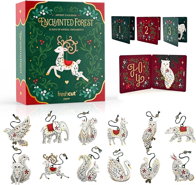 Freshcut Paper 2025 Advent Calendar, Enchanted Forest Christmas Ornaments, Pop Up 3D Greeting Cards, Paper Advent Calendar for Adults, Christmas Gifts, Holiday Cards with Blank Notecard & Envelope