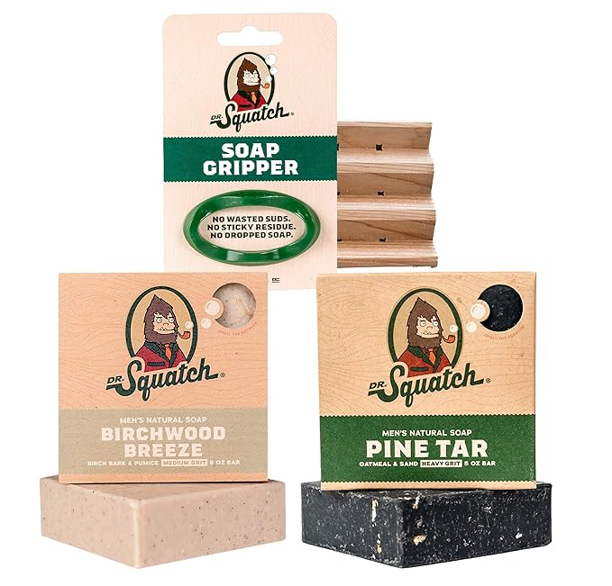 Dr. Squatch Basic Squatch Forest Pack - Pine Tar and Birchwood Breeze - Handmade Bar Soap With Organic Oils, Soap Gripper and Saver