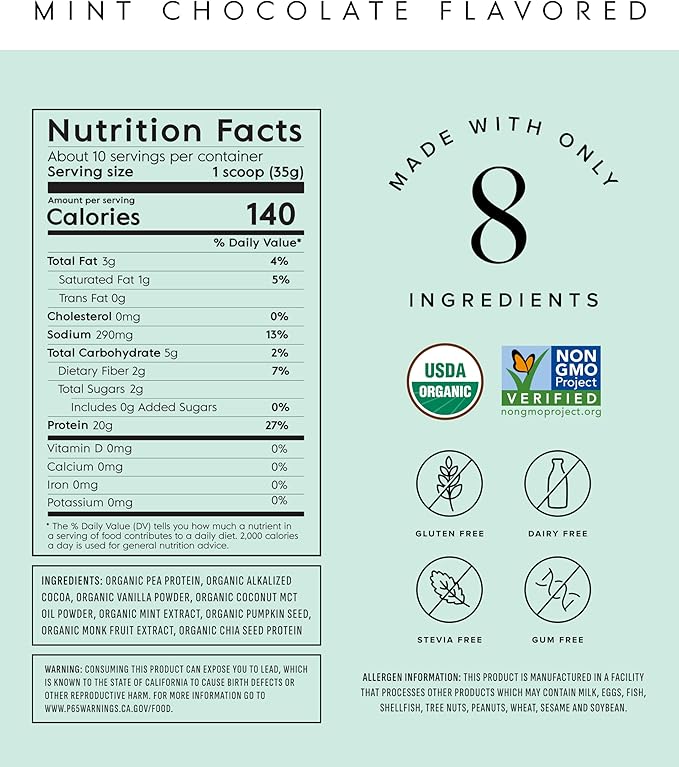 Truvani Vegan Pea Protein Powder | Mint Chocolate | 20g Organic Plant Based Protein Per Serving | 10 Servings | Keto | Gluten & Dairy Free | Low Carb | No Added Sugar