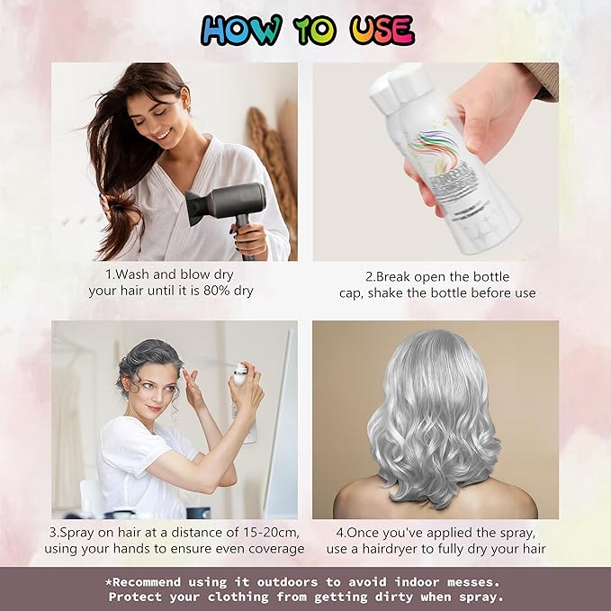 Temporary Hair Color Spray for Adults & Kids - Instant Silver White Dye Alternative | Non-Sticky, Washable & Gentle Formula | Party, Halloween, Costume Makeup (150 ml)