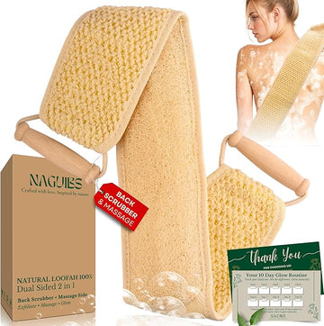 Premium 2 in 1 Egyptian 100% Natural loofah with Handle Back Scrubber for Shower and Massage exfoliating Body Scrubber for Women and Men Back Scratcher washers for Shower loofa Clean Your Back Deeply