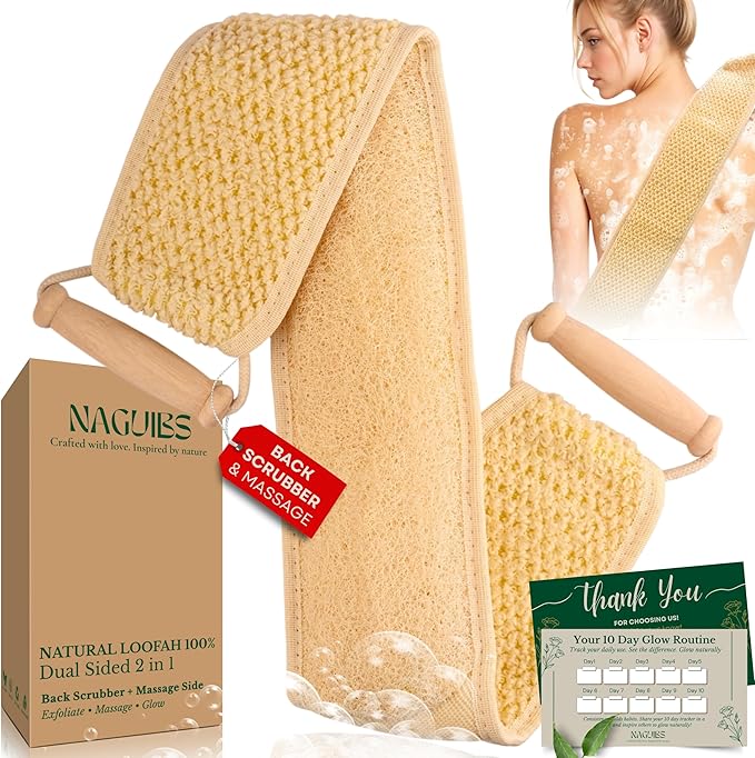 Premium 2 in 1 Egyptian 100% Natural loofah with Handle Back Scrubber for Shower and Massage exfoliating Body Scrubber for Women and Men Back Scratcher washers for Shower loofa Clean Your Back Deeply
