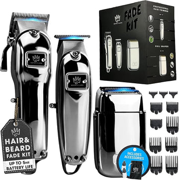 Royal Clips Hair and Beard Fade Kit – Professional Clipper, Trimmer & Foil Shaver Bundle for Men, Complete Haircut Set for Barbers, Home Use & Grooming – 5-Hour Battery, 10pcs Limit Combs, Silver
