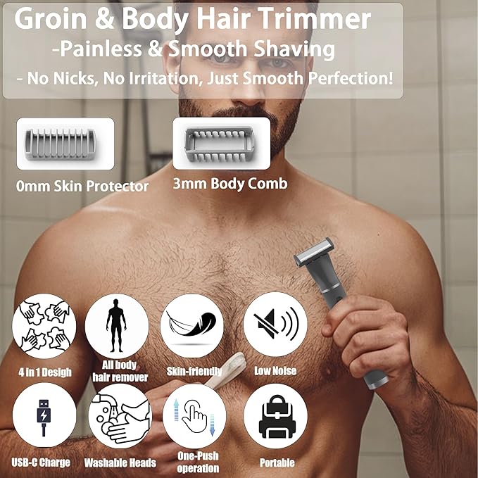Body Hair Trimmer for Men, 4 in 1 Versatile Hair Trimmer for Groin/Ball/Beard/Eyebrow/Nose/Ear Hair Shaver, USB-C Rechargeable, Mens Grooming Kit for Smooth Shaving with Storage Bag