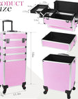 Professional Rolling Makeup Case with Wheels, 5-in-1 Makeup Train Case, Cosmetic Makeup Trolley Cart Travel Cosmetology Case On Wheels with Key for Hairstylists, Nail Tech (Pink Crystal)