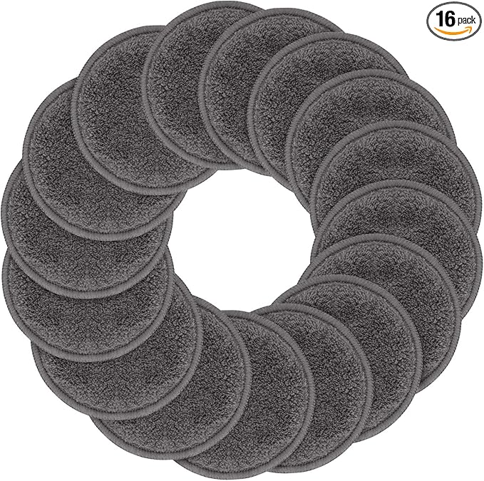 SUNLAND Reusable Makeup Remover Pads for Face,Eye,Lips 16 Pack Microfiber Face Cleansing Gloves Washable with Laundry Bag and Travel Bag Rounds Toner Pads (Round 3.15inchx16, Dark Grey)
