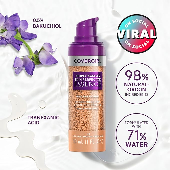 Covergirl Simply Ageless Skin Perfector Essence Foundation, 65 Tan-Rich, Tinted Skincare Makeup Hybrid, Sheer Tint, Radiant Finish, Glowy Finish, Vegan Formula, 1.0oz