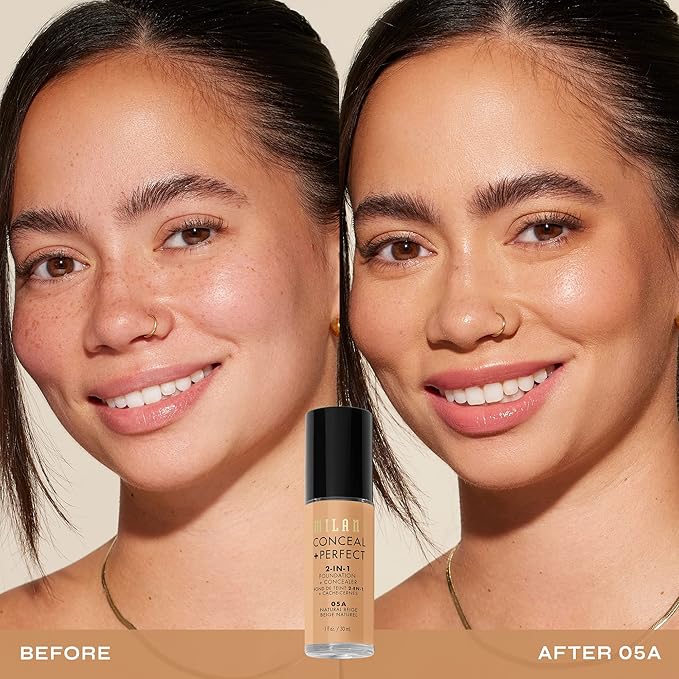 Milani Conceal + Perfect 2-in-1 Foundation + Concealer for a Flawless Complexion, Under Eye Corrector, Cover Redness and Imperfections, Waterproof and Sweatproof - Natural Beige