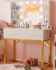 Furmax Vanity Desk with Mirror and LED Light Bulb, Small Makeup Vanity Table with Drawers, Dressing Table with Power Outlet and Hair Drayer Holder for Bedroom (White & Gold)