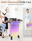Profesional Rolling Makeup Train Case with Lid, 5 in 1 Cosmetology Case on Wheels, Large Cosmetic Trolley Organizer Travel for Hairstylist Artist Nail Beauty Salon Barber, Colorful