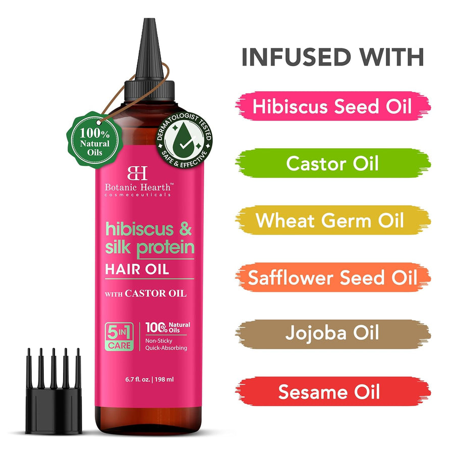 Botanic Hearth Hibiscus & Silk Protein Hair Oil (6.7 Fl Oz) | Hair Growth, Hydration & Repair | Tames Frizz, Adds Shine | After Wash Lightweight Hair Oil | For Dry, Damaged Hair | All Hair Types