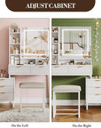 GarveeHome White Vanity Makeup Desk, Vanity Set with Mirror and 3-Mode Lights, 5 Drawers Vanity Table with Removable Side Storage Cabinet, Stool for Bedroom
