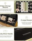 YESHOMY Vanity Desk with Mirror, Makeup Table with 2 Large Drawers, Power Outlet and Round Holder, 3 Color Modes Adjustable Bulb, Black