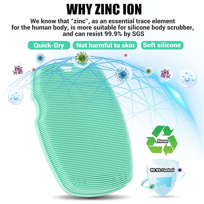 Zinc Infused Silicone Body Scrubber for Shower,Food-Grade Handheld Cleansing Skin Brush, Gentle Exfoliating and Lather Well - Green