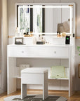 Haewon Makeup Vanity Desk with Mirror, Lights and Charging Station, White Vanity with 3 Lighting Modes, Dressing Table Set with 4 Drawers and Storage Chair for Bedroom