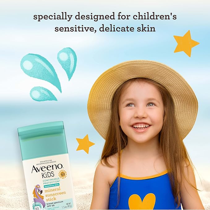Aveeno Kids Continuous Protection Zinc Oxide Mineral Sunscreen Stick for Sensitive Skin, Face & Body Sunscreen Stick for Kids with Broad Spectrum SPF 50, Sweat- & Water-Resistant, 1.5 oz