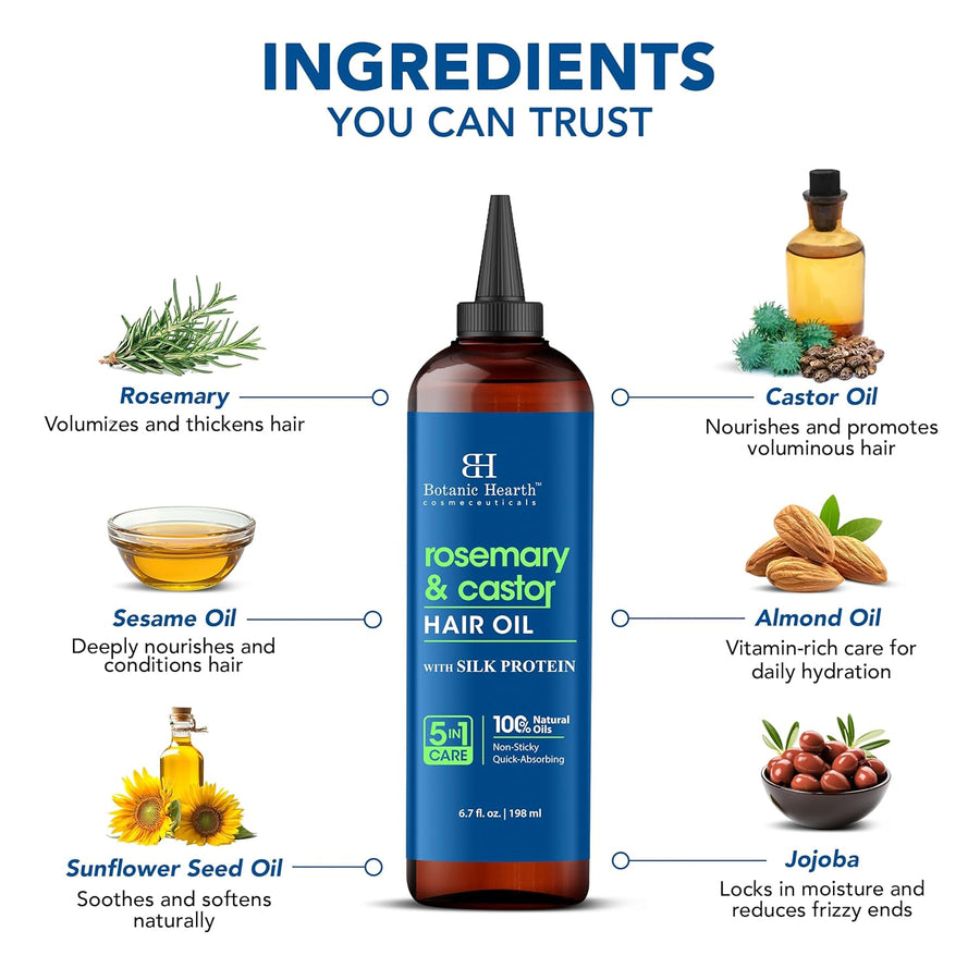 Botanic Hearth Rosemary & Castor Hair Oil (6.7 Fl Oz) | Nourishing And Strengthening Hair Treatment For Thicker, Healthier|Looking Hair | Paraben Free | Suitable For All Hair Types