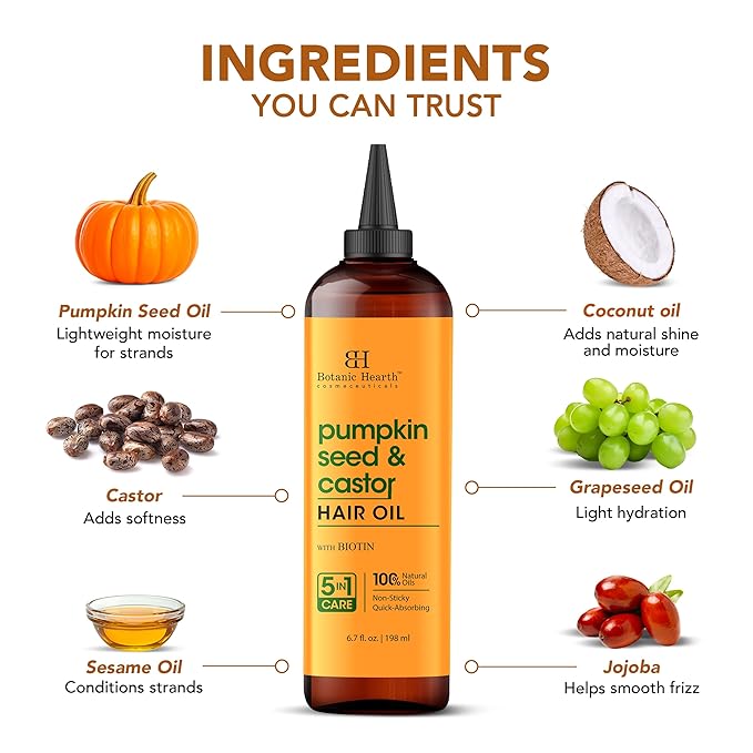 Botanic Hearth 100% Pure Pumpkin Castor Oil For Hair Growth | Infused with Pumpkin, Castor, Biotin | Hair Oil Repairs Dry Damaged Hair, Strengthening, Healthier - Hair Tonic, 6.7 fl oz