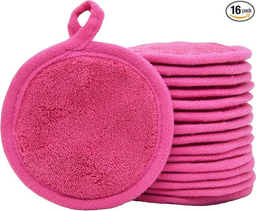 Reusable Makeup Remover Pads 16 Pack Microfiber Cleansing Facial Rounds Wipes Face, Eyes, Lips（3.5inch, dark pink）
