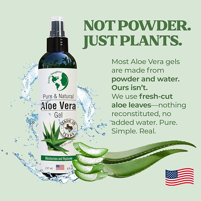 Earth’s Daughter Organic Aloe Vera Gel from Fresh Cut 100% Pure Organic Aloe leaves – Fast Absorbing for Face, Skin, Hair & Body – Vegan, Unscented, Natural - 8 Oz USA Made