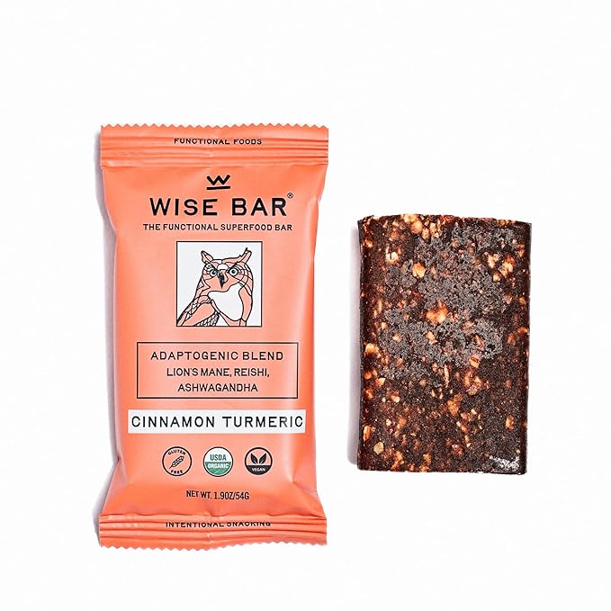WISE BAR Adaptogen Mushroom Bars | Cinnamon Turmeric Flavor | 12 Count | Functional Mushrooms and Adaptogens Bar | Organic Nutrition Energy Bars, Vegan, Gluten Free