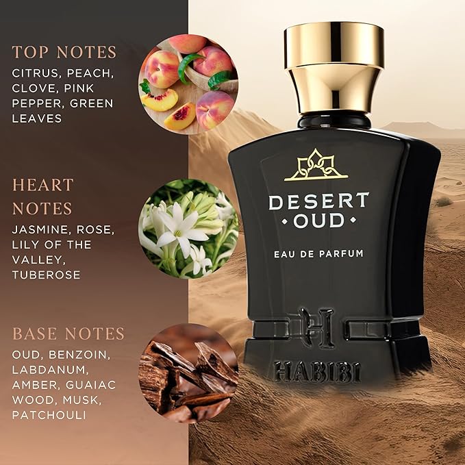 H HABIBI Desert Oud Perfume for Men - 2.5 oz (75ML) Long Lasting Arabian Cologne, Bold Floral Woody Men Perfume, Luxury Fragrance Gift for Special Occasions