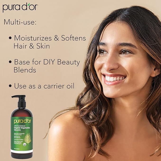 PURA D'OR 24 Oz ORGANIC Vegetable Glycerin - Derived From Coconut - Clear & Odorless - 100% Pure Premium Grade, Non-GMO, Kosher, Vegan, Cold Pressed, For Hair & Body - DIY Skin Care Base